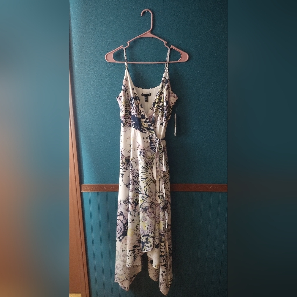 NEW Aqua Asymmetrical Tie Dye Handkerchief Hem Midi Boho Chic Hippie Wrap Dress
